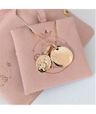 Virgin Mary Personnalised Necklace with its pink velvet gift set by Anne L'Or London