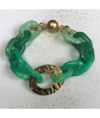 Green Handmade boheme style bracelets with plastic and metal oval beads, and magnetic attach.