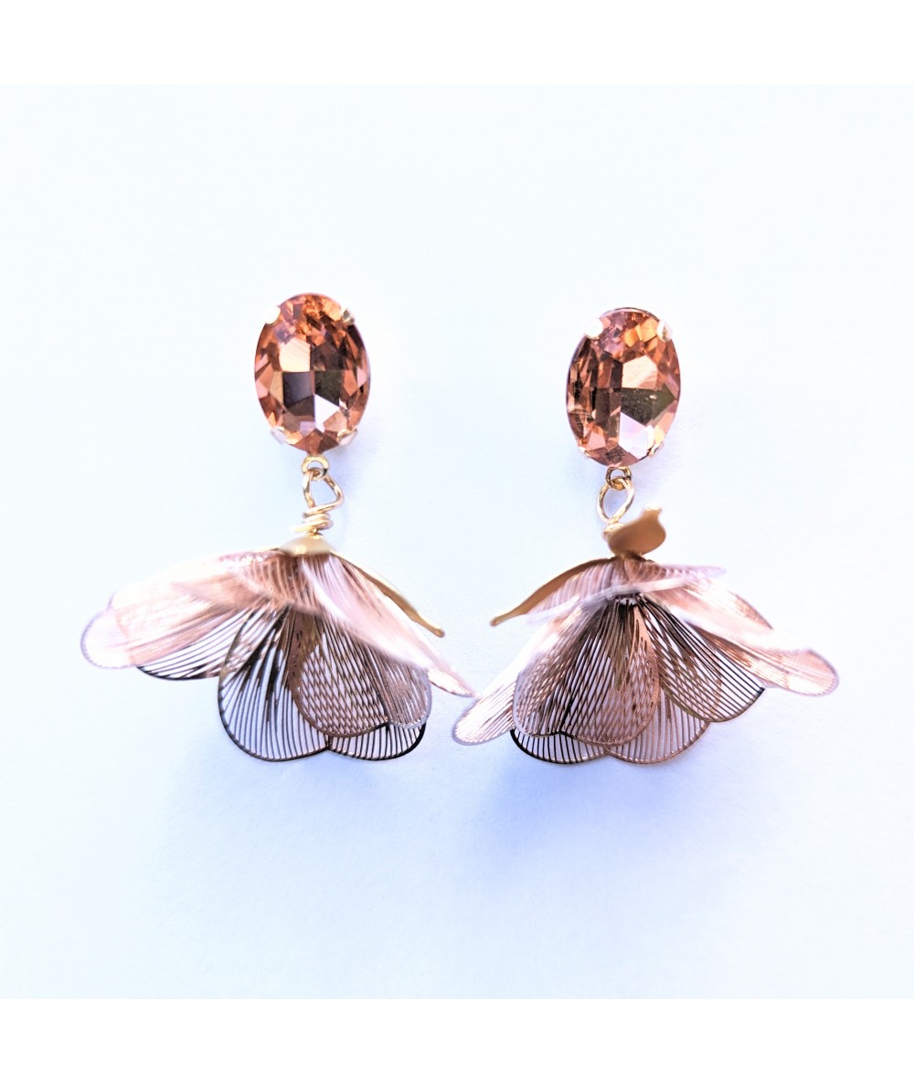 Dancing flower earrings with pink cristal front view. by Anne L Or handmade jewellery