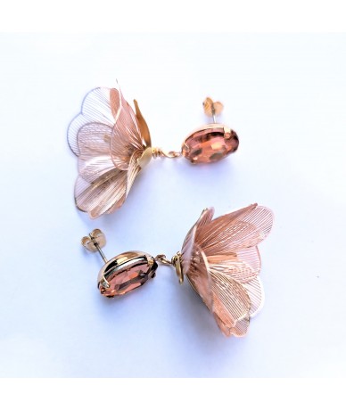 Dancing flower earrings with pink cristal. by Anne L Or handmade jewellery side face