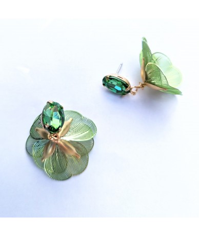 Dancing flower earrings with green cristal. by Anne L Or handmade jewellery up view