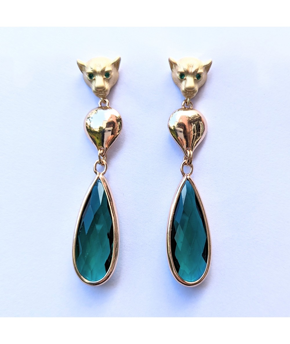 Love cat earrings by Anne L Or with green cristal and gold plated elements face vue